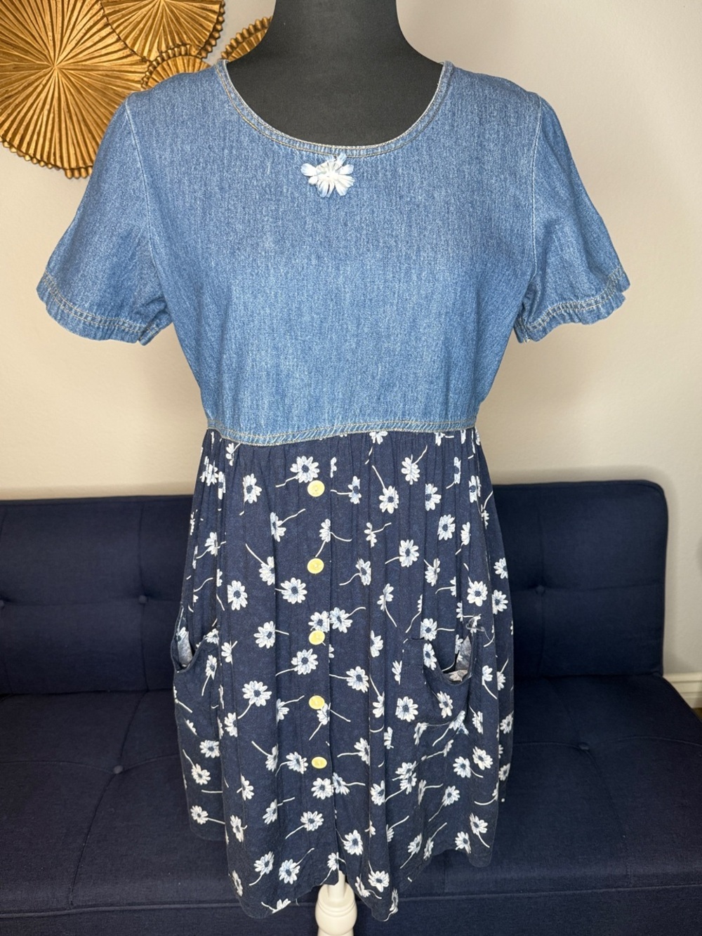 Bentley Cotton Denim Top Navy Daisy Floral Vintage Dress size Medium